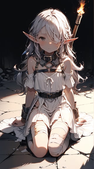 //quality, (masterpiece:1.3), (detailed), ((,best quality,)),//,1girl,solo,(loli:1.3),(elf:1.4),slave,//,gray hair,messy_hair,long_hair,gray eye,(empty_eye:1.4),bandage over one eye,
,//,slave_restraints outfit,gray slave dress,(torn_clothes:1.2),bandages,bandaged_arms,bandaged_leg,//,kneeling on ground,against_the_wall,(bounded:1.4),arms_above_head,//,blush,expressionless, looking_above, looking_at_viewer,//,dungeon,stone wall,torch on the wall,(dark background:1.3), indoor , Europe Medieval, straight-on,from_above,pov