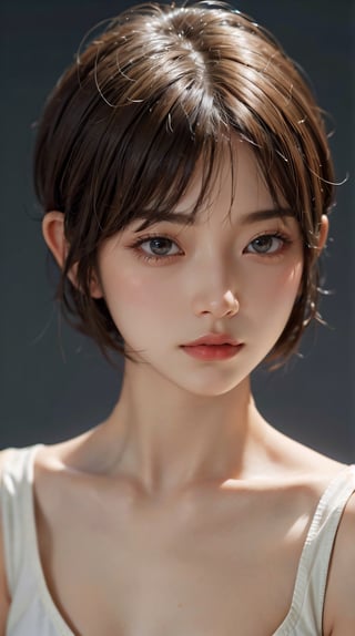 a 20 yo woman, korean beauty, cute, soothing tones, muted colors, high contrast, (natural skin texture, hyperrealism, soft light, sharp), simple background, light brown hair, ((pixie_cut:1.2))