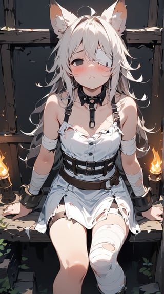 //quality, (masterpiece:1.3), (detailed), ((,best quality,)),//,1girl,solo,(cat_girl:1.4),slave,//,gray hair,messy_hair,long_hair,gray eye,(empty_eye:1.4),bandage over one eye,
,//,slave_restraints outfit,gray slave dress,(torn_clothes:1.2),bandages,bandaged_arms,bandaged_leg,//,blush,looking_above,//,dungeon,stone wall,torch on the wall,(dark background:1.3), indoor , Europe Medieval, 