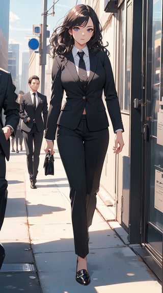 best quality, 8K, masterpiece, very detailed, ultra high resolution, highest resolution, very detailed face, very detailed eyes, complete anatomy, very detailed skin, female, ((business suit, black suit pants)), perfect body, wavy hair, walking posture, city hall, natural light