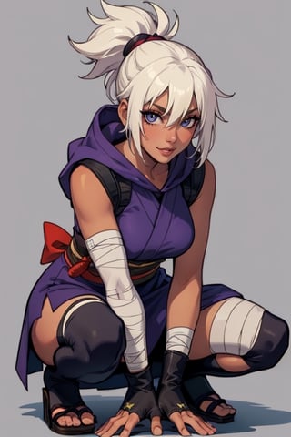 Eye brown, White hair, hatake kakashi, bandages over hands, Teen, solo, Female, Ponytail hair, Purple low cut Kimono dress, Hood, Fingerless gloves, Crouching, sleeveless, dark_skin_female, asian, bandages under dress