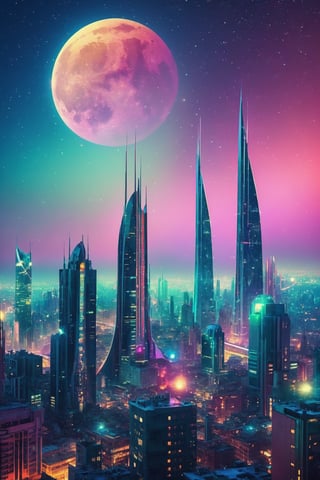 poster of retro futuristic skyline of a city, at night, with moon, retro lights, art deco , best HD quality, Broken Glass effect, no background, stunning, something that even doesn't exist, mythical being, energy, molecular, textures, iridescent and luminescent scales, breathtaking beauty, pure perfection, divine presence, unforgettable, impressive, breathtaking beauty, Volumetric light, auras, rays, vivid colors reflects