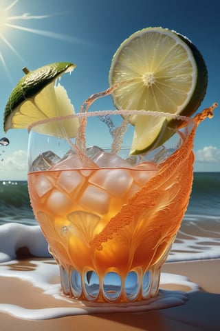 magazine photography margarita drink with ice cube falling and splashing, 

realistic photography high details food cinematic high quality food art gourmet gatherings sweet gourmet foodies, 

background a beach with blue and orange dramatic sky, 

perfect composition, 

beautiful detailed intricate insanely detailed octane render trending on artstation, 

8 k artistic photography, 

photorealistic concept art, 

soft natural volumetric cinematic perfect light, 

chiaroscuro, 

award - winning photograph, 

masterpiece, 

oil on canvas, 

raphael, 

caravaggio, 

greg rutkowski, 

beeple, 

beksinski, 

giger, 

ultra hd, 

realistic, 

vivid colors, 

highly detailed, 

UHD drawing, 

pen and ink, 

perfect composition, 

beautiful detailed intricate insanely detailed octane render trending on artstation, 

8k artistic photography, 

photorealistic concept art, 

soft natural volumetric cinematic perfect light,Extremely Realistic