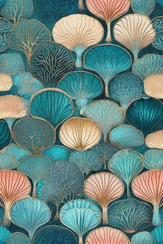 artwork, underwater coral landscape, circular patterns, fish scales, ocean inspired, delicate, teal and shades of blue and petrol, glitter, sparkles, golden outlines, glassy, jellfish, corals, high resolution, studio lighting

