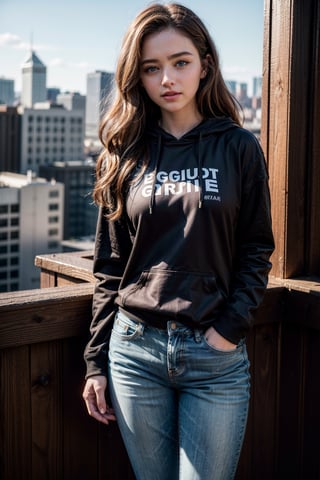 (best quality,4k,8k,highres,masterpiece:1.2),ultra-detailed,(realistic,photorealistic,photo-realistic:1.37),portraits,perfecteyes, 1girl with wavy brown hair, blue eyes, wearing black hoodie & jeans, look at the view, smiling, studio lighting,kathrynnewton