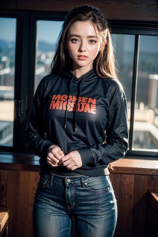 (best quality,4k,8k,highres,masterpiece:1.2),ultra-detailed,(realistic,photorealistic,photo-realistic:1.37),portraits,perfecteyes, 1girl, brown hair, blue eyes, wearing navy hoodie & black jeans, look at the view, smiling, studio lighting,kathrynnewton