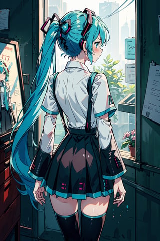 ((Hatsune Miku)), Blue hair, (extremely detailed fine touch: 1.2), (ray tracing: 1.2), (thighs: 1.2), hourglass body, masterpiece, best quality, high quality, black skirt , hair ornament, bow, shirt, suspender skirt, hair band, high waist skirt, hair flower, hair band, (hands behind the back:1.4), (blush:1.2), (angry:1.2), standing, (shy:1.2), looking at the viewer,