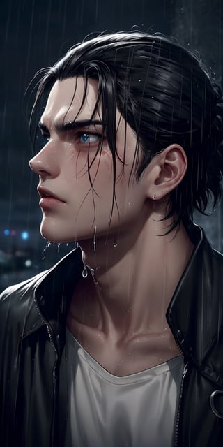 (neon lights, red light), night, rain, wet hair, ((rain drops on his face)), (looking to the sky), melancholic, extremely detailed, perfect composition, masterpiece 8k wallpapper,1male,Eren Jaeger, black hair, scars below the eyes 