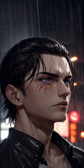 (neon lights, red light), night, rain, wet hair, ((rain drops on his face)), (looking to the sky), melancholic, extremely detailed, perfect composition, masterpiece 8k wallpapper,1male,Eren Jaeger, black hair, scars below the eyes 