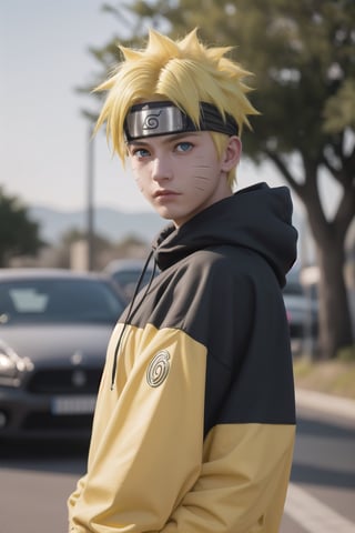 Hyperrealistic art cinematic photo n4rut0, 1boy, (facial mark), solo, whisker markings, forehead protector,spiked hair, (yellow hair),looking at viewer, Blue eyes, Streetwear Hoodie, (konohagakure symbol), short yellow hair, long sleeves, ninja,  . 35mm photograph, film, dinamic lighting, bokeh, professional, 4k, highly detailed . Extremely high-resolution details, photographic, realism pushed to extreme, fine texture, incredibly lifelike,Realism