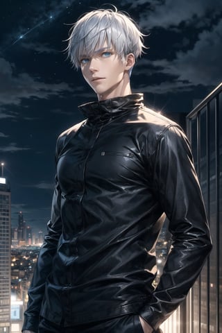 1man, gojo satoru in anime jujutsu, short hair , white hair, blue light eyes, handsome, beautiful eyes, black clothes, realistic clothes, detail clothes, Above tall buildings, night cityscape, city background, ultra detail, realistic