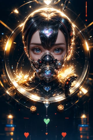 Topic prompts "Atomic heart, Mechanical girl" as follows: Atomic heart,Mechanical girl,With a glass mask,(((Glassy mask))),Shiny metal skin,Mechanical body parts,Mechanical gears and gears, [Meticulous, Surgical precision],Cyberpunk style background,Science fiction art style,Vibrant colors,High-res,Ultra-detailed,Realistic lighting effects,Bokeh.