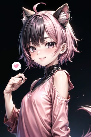 1 person, femboi, ((Pink Hair Color| black hair color)) ,((Black bangs)) Short hair, pink clothes, Black clothes, lip piercing, eyebrow piercing, Nose Piercing, Smile, vulgar,(( 独奏))), Evil eyebrows, cheeky, (gray eyes| Black Eyes), Night Street, Hot breath, Black background