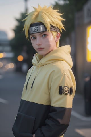 Hyperrealistic art cinematic photo n4rut0, 1boy, (facial mark), solo, whisker markings, forehead protector,spiked hair, (yellow hair),looking at viewer, blue eyes, Streetwear Hoodie, (konohagakure symbol), short yellow hair, long sleeves, ninja,  . 35mm photograph, film, dinamic lighting, bokeh, professional, 4k, highly detailed . Extremely high-resolution details, photographic, realism pushed to extreme, fine texture, incredibly lifelike,Realism