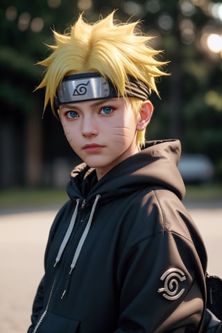 Hyperrealistic art cinematic photo n4rut0, 1boy, (facial mark), solo, whisker markings, forehead protector,spiked hair, (yellow hair),looking at viewer, blue eyes, Streetwear Hoodie, (konohagakure symbol), short yellow hair, long sleeves, ninja,  . 35mm photograph, film, dinamic lighting, bokeh, professional, 4k, highly detailed . Extremely high-resolution details, photographic, realism pushed to extreme, fine texture, incredibly lifelike,Realism