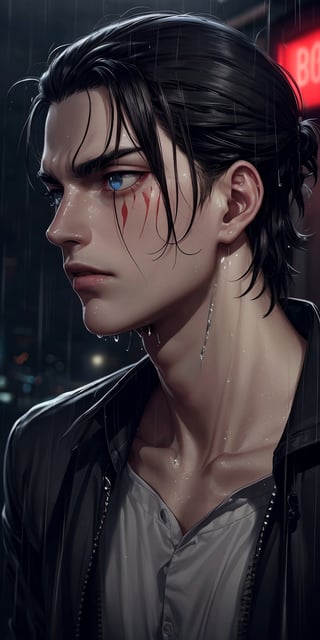 (neon lights, red light), night, rain, wet hair, ((rain drops on his face)), (looking to the sky), melancholic, extremely detailed, perfect composition, masterpiece 8k wallpapper,1male,Eren Jaeger, black hair, scars below the eyes 