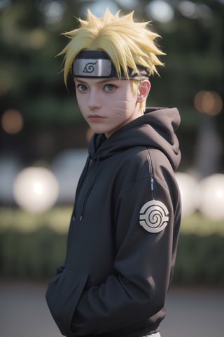 Hyperrealistic art cinematic photo n4rut0, 1boy, (facial mark), solo, whisker markings, forehead protector,spiked hair, (yellow hair),looking at viewer, blue eyes, Streetwear Hoodie, (konohagakure symbol), short yellow hair, long sleeves, ninja,  . 35mm photograph, film, bokeh, professional, 4k, highly detailed . Extremely high-resolution details, photographic, realism pushed to extreme, fine texture, incredibly lifelike