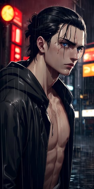 (neon lights, red light), night, rain, wet hair, ((rain drops on his face)), (looking to the sky), melancholic, extremely detailed, perfect composition, masterpiece 8k wallpapper,1male,Eren Jaeger, black hair, scars below the eyes 