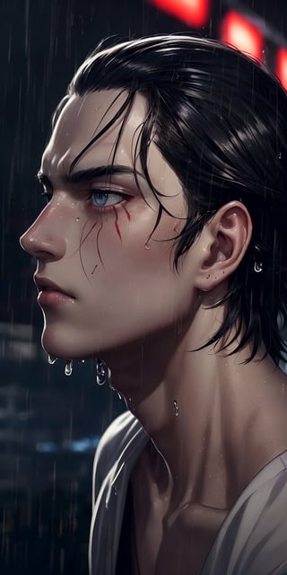 (neon lights, red light), night, rain, wet hair, ((rain drops on his face)), (looking to the sky), melancholic, extremely detailed, perfect composition, masterpiece 8k wallpapper,1male,Eren Jaeger, black hair, scars below the eyes 