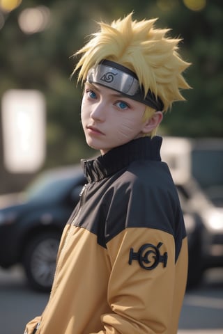 Hyperrealistic art cinematic photo n4rut0, 1boy, (facial mark), solo, whisker markings, forehead protector,spiked hair, (yellow hair),looking at viewer, blue eyes, jacket, (konohagakure symbol), short yellow hair, long sleeves, ninja,  . 35mm photograph, film, bokeh, professional, 4k, highly detailed . Extremely high-resolution details, photographic, realism pushed to extreme, fine texture, incredibly lifelike