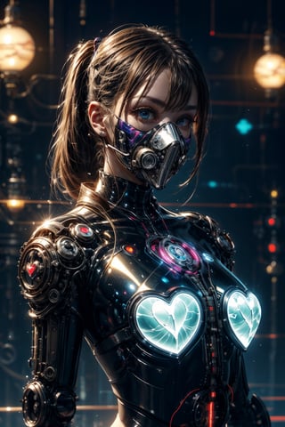 Topic prompts "Atomic heart, Mechanical girl" as follows: Atomic heart,Mechanical girl,With a glass mask,(((Glassy mask))),Shiny metal skin,Mechanical body parts,Mechanical gears and gears, [Meticulous, Surgical precision],Cyberpunk style background,Science fiction art style,Vibrant colors,High-res,Ultra-detailed,Realistic lighting effects,Bokeh.