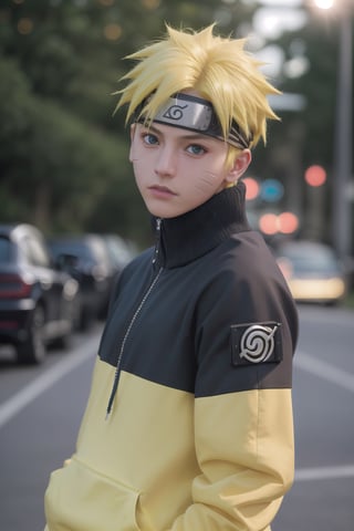 Hyperrealistic art cinematic photo n4rut0, 1boy, (facial mark), solo, whisker markings, forehead protector,spiked hair, (yellow hair),looking at viewer, blue eyes, Streetwear Hoodie, (konohagakure symbol), short yellow hair, long sleeves, ninja,  . 35mm photograph, film, dinamic lighting, bokeh, professional, 4k, highly detailed . Extremely high-resolution details, photographic, realism pushed to extreme, fine texture, incredibly lifelike,Realism