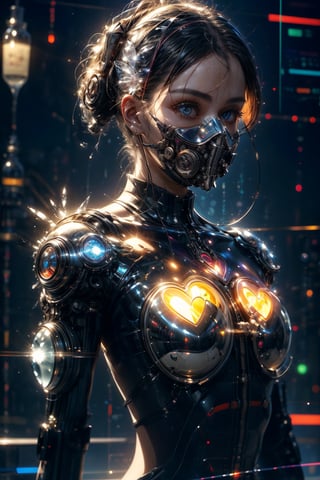 Topic prompts "Atomic heart, Mechanical girl" as follows: Atomic heart,Mechanical girl,With a glass mask,(((Glassy mask))),Shiny metal skin,Mechanical body parts,Mechanical gears and gears, [Meticulous, Surgical precision],Cyberpunk style background,Science fiction art style,Vibrant colors,High-res,Ultra-detailed,Realistic lighting effects,Bokeh.