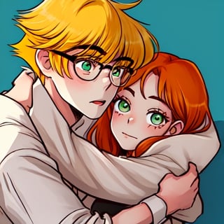 ingridochoa,1boy, oliveryang, blonde hair, green eyes, wearing black-framed lenses, hugging 1girl, saralin, orange hair, amber eyes