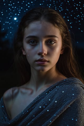 The upper body of a young girl emerges from the darkness of the night, bathed in the soft glow of moonlight. Her features are illuminated by the pale, silvery light, casting a gentle and haunting beauty upon her. The night sky is adorned with a blanket of stars, twinkling with a quiet serenity. The darkness surrounding her adds an air of mystery and intrigue, as if she holds secrets known only to the night. The camera perspective captures her from a slightly tilted angle, capturing the vulnerability and introspection in her gaze. Each detail is meticulously rendered, from the subtle highlights on her skin to the glimmering reflections in her eyes, creating a mesmerizing and evocative visual experience.