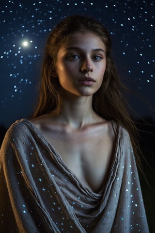 The upper body of a young girl emerges from the darkness of the night, bathed in the soft glow of moonlight. Her features are illuminated by the pale, silvery light, casting a gentle and haunting beauty upon her. The night sky is adorned with a blanket of stars, twinkling with a quiet serenity. The darkness surrounding her adds an air of mystery and intrigue, as if she holds secrets known only to the night. The camera perspective captures her from a slightly tilted angle, capturing the vulnerability and introspection in her gaze. Each detail is meticulously rendered, from the subtle highlights on her skin to the glimmering reflections in her eyes, creating a mesmerizing and evocative visual experience.