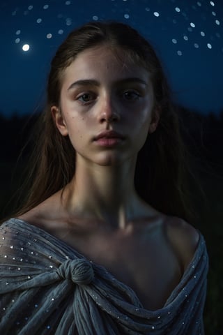 The upper body of a young girl emerges from the darkness of the night, bathed in the soft glow of moonlight. Her features are illuminated by the pale, silvery light, casting a gentle and haunting beauty upon her. The night sky is adorned with a blanket of stars, twinkling with a quiet serenity. The darkness surrounding her adds an air of mystery and intrigue, as if she holds secrets known only to the night. The camera perspective captures her from a slightly tilted angle, capturing the vulnerability and introspection in her gaze. Each detail is meticulously rendered, from the subtle highlights on her skin to the glimmering reflections in her eyes, creating a mesmerizing and evocative visual experience.