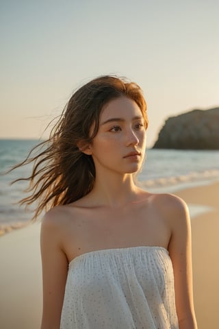 The upper body of a young girl is framed against the breathtaking backdrop of the vast sea. The cool sea breeze gently tousles her hair as she stands at the water's edge, her face illuminated by the warm, golden light of the setting sun. The rhythmic sound of crashing waves and the scent of salt in the air create a serene and tranquil atmosphere. The camera perspective captures her from a low angle, highlighting her sense of wonder and connection to the sea. Every detail is meticulously rendered, from the droplets of water on her skin to the freckles that dot her cheeks, creating a captivating and immersive visual experience that captures the beauty and serenity of the seaside.