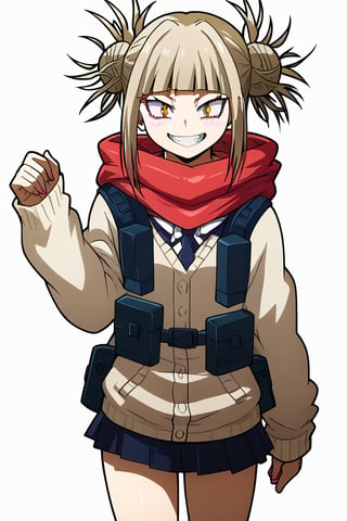 HIMIKO TOGA poses confidently in a school setting, with her short blonde hair styled in a messy bun with straight bangs framing her heart-shaped face. The overall framing is sensual, with her standing figure showing off her toned legs and emphasizing her revealing outfit. Her bright yellow eyes shine with sadistic intent as she stares directly at the viewer with an open-mouthed grin. She wears a school uniform with an open sweater and showing white serafuku-style underwear consisting of a blue pleated skirt, knee-high socks, and brown loafers, paired with a red scarf and a black cardigan. .,himiko toga