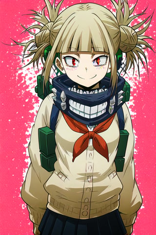 HIMIKO TOGA poses confidently school background, her short blonde hair styled in a messy bun with blunt bangs framing her heart-shaped face. Her bright yellow eyes gleam with sadistic intent as she gazes directly at the viewer with an open-mouthed smile. She wears a serafuku-style school uniform consisting of a blue pleated skirt, knee-high socks, and brown loafers, paired with a red neckerchief and black cardigan. The overall framing is sensual, with her standing figure showcasing her toned legs and emphasizing her revealing outfit.,himiko toga