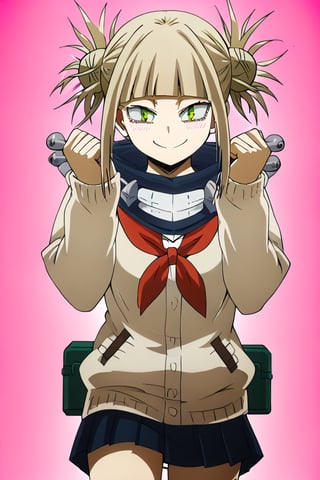 HIMIKO TOGA poses confidently school background, her short blonde hair styled in a messy bun with blunt bangs framing her heart-shaped face. Her bright yellow eyes gleam with sadistic intent as she gazes directly at the viewer with an open-mouthed smile. She wears a serafuku-style school uniform consisting of a blue pleated skirt, knee-high socks, and brown loafers, paired with a red neckerchief and black cardigan. The overall framing is sensual, with her standing figure showcasing her toned legs and emphasizing her revealing outfit.,himiko toga