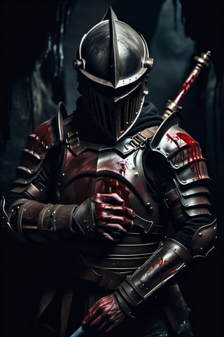 soldier, armor, covered in blood, standing, blood on hands, sad, alone, DonMn1ghtm4reXL, black armor, dark cave, empty hands