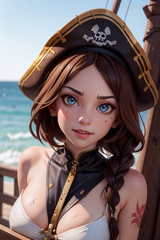 analog style, photo of a girl, (1girl, pirate girl), catears, furious expression, smile face, ( brown hair braid), ((pretty  face: 1.7, perfect face:1.5)),(huge breasts),  pale skin, shinny skin, cross tattoo, scar, white race lingeries, sexy clothes, pirate hat, leaning on the mast, hand-sword, pirate ship, sea, 8k, 3d, (best quality:1.5, hyperrealistic:1.5, photorealistic:1.4, madly detailed CG unity 8k wallpaper:1.5, masterpiece:1.3, madly detailed photo:1.2), (hyper-realistic lifelike texture:1.4, realistic eyes:1.2), (octane render, unreal engine 5) , wet_clothes, full_body