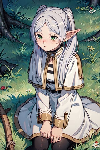 frieren, long hair, twintails, (green eyes:1.5), grey hair, pointy ears, elf, 1girl,  solo,  look away, shy,blush, nervous,   midjourney 
double ponytails,  black coat, short skirt, net stocking  , sit, grassland
 ,Frieren,gawr gura