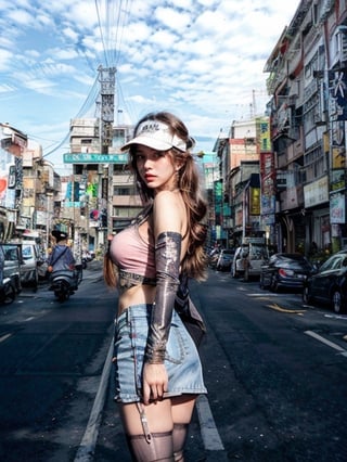 4 Girl with long hair, (wearing safety visor), big breasts, wearing  white low cut camisole  without  bra inside ((showing cleveage)), ((necklace)),((large earrings)), ((safety visor),, miniskirt ((showing  underwear )), 4 girls standing at corner of ruined building , pink light tubes on building, smoking,perfect breasts,beautiful breasts, (((4 girls))), (crowd watching girls), show full body, all girls facing camera ,Ruined building,Ruinedarchi,taiwan road,taiwanlv