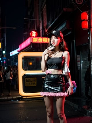 2 Girl with long hair, (wearing safety visor), big breasts, wearing  white low cut camisole  without  bra inside ((showing cleveage)), ((necklace)),((large earrings)), ((safety visor),((holding small handbag)), miniskirt ((showing  underwear )), 2 girls standing at corner of old Taipei red light district , pink light tubes on building, smoking,perfect breasts,beautiful breasts, (((2 girls))), (crowd watching girls), show full body, all girls facing camera 