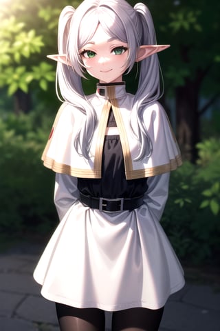 solo,frieren, long hair, twintails, (green eyes:1.3), grey hair, pointy ears, elf,BREAK shirt, long sleeves, smile, arms behind back , black pantyhose, capelet, striped shirt,perfect extremely detailed CG, (perfect hands),looking_at_viewer,sleeves_past_wrist,hands on own chest, 