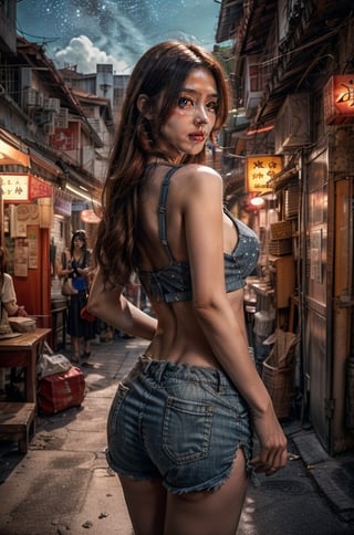 5 Girls with long red hair, blue eyes, big breasts, wearing a sleeveless broken pyjamas with holes, shorts ((showing butt cheeks)), walking at
 old hong kong, (((sky full of stars))), at night,perfect breasts,beautiful breasts, ((5 girls)), ((looking at camera)),(cleveage), daylighting , pokies 