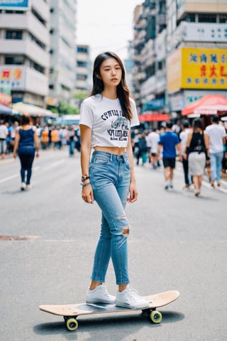 young Taiwanese girl casually dressed in a graphic tee and ripped jeans, skateboarding through a city street, (((laoliang )))