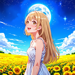 masterpiece, best quality, super detailed, perfect hands, perfect anatomy, high details, detailed background, full body, medium bust, very cute face, beautiful face, super detailed face, cute round face, (view from below), cute anime style girl standing in a flower field looking up (full moon), medium bust, white sundress outfit, shiny blonde hair, long hair, sapphire eyes, round eyes, from the side, smiling, happy, open mouth, looking up to the sky, (shooting star), (nebula), sunflower, (warm light source: ), intricate details, volumetric lighting, (atmospheric lighting), fantasy, score_9, score_8_up, score_7_up, score_6_up,