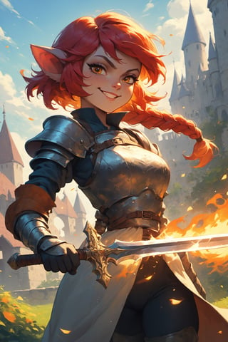 score_9, score_8_up, score_7_up, stoic medieval knight (tristana), (wearing heavy knights suit of armor), holding a broadsword in a castle courtyard, fiery cloudy skies, hyperdetailed hair in one large braid moves elegantly through the wind, she has a smug smirk, perfect iridescent eyes, (darksouls atmosphere)