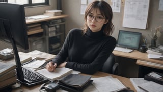 Stunning and beautiful Japanese super model on the desk,
working in office, work environment, looking monitor, hand on keyboard, books, memo, paper, black board,
messy wavy short hair, bare face, a few freckles, black horn-rimmed glasses, wearing sleeveless turtle neck sweater, 
Full-body side pose from above, ultra wide angle photo, 18mm lens, zoom out,
photo-realistic, masterpiece, soothing tones, 8k resolution, concept art of detailed character design, cinema concept, cinematic lighting, cinematic look, calming tones, incredible details, intricate details, hyper detail, Fuji Superia 400, 
stylish, elegant, breathtaking, mysterious, fascinating, untamed, curiously complete face, elegant, gorgeous, 
by Greg Rutkowski Repin artstation style, by Wadim Kashin style, by Konstantin Razumov style, Ayase Haruka's face,
,aesthetic portrait, cinematic moviemaker style, in the style of esao andrews