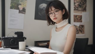 Stunning and beautiful Japanese, take a sleep on the desk, close eyes, office, work environment, monitors, books, memo, paper, black board,
messy wavy short hair, bare face, a few freckles, black horn-rimmed glasses, wearing white sleeveless turtle neck sweater, 
Full-body side pose, ultra wide angle photo, 18mm lens, zoom out,
photo-realistic, masterpiece, soothing tones, 8k resolution, concept art of detailed character design, cinema concept, cinematic lighting, cinematic look, calming tones, incredible details, intricate details, hyper detail, Fuji Superia 400, 
stylish, elegant, breathtaking, mysterious, fascinating, untamed, curiously complete face, elegant, gorgeous, 
by Greg Rutkowski Repin artstation style, by Wadim Kashin style, by Konstantin Razumov style, Ayase Haruka's face,
,aesthetic portrait, cinematic moviemaker style, in the style of esao andrews