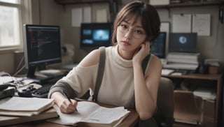 Stunning and beautiful Japanese super model on the desk,
working in office, work environment, looking dual monitor, hand on keyboard, books, memo, paper, black board,
messy wavy short hair, bare face, a few freckles, black horn-rimmed glasses, wearing white sleeveless turtle neck sweater, 
Full-body side pose from above, ultra wide angle photo, 18mm lens, zoom out,
photo-realistic, masterpiece, soothing tones, 8k resolution, concept art of detailed character design, cinema concept, cinematic lighting, cinematic look, calming tones, incredible details, intricate details, hyper detail, Fuji Superia 400, 
stylish, elegant, breathtaking, mysterious, fascinating, untamed, curiously complete face, elegant, gorgeous, 
by Greg Rutkowski Repin artstation style, by Wadim Kashin style, by Konstantin Razumov style, Ayase Haruka's face,
,aesthetic portrait, cinematic moviemaker style, in the style of esao andrews