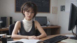 Stunning and beautiful Japanese super model on the desk,
working in office, work environment, looking dual monitor, hand on keyboard, books, memo, paper, black board,
messy wavy short hair, bare face, a few freckles, black horn-rimmed glasses, wearing white sleeveless turtle neck sweater, 
Full-body side pose, ultra wide angle photo, 18mm lens, zoom out,
photo-realistic, masterpiece, soothing tones, 8k resolution, concept art of detailed character design, cinema concept, cinematic lighting, cinematic look, calming tones, incredible details, intricate details, hyper detail, Fuji Superia 400, 
stylish, elegant, breathtaking, mysterious, fascinating, untamed, curiously complete face, elegant, gorgeous, 
by Greg Rutkowski Repin artstation style, by Wadim Kashin style, by Konstantin Razumov style, Ayase Haruka's face,
,aesthetic portrait, cinematic moviemaker style, in the style of esao andrews