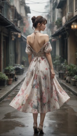 Stunning and beautiful korean super model , Full body back view, 
shoulder length ponytail, glossy plump lips, tall body, casual street style outfit, necklace, dress blouse, floral-paint loose long skirt, pumps heels, 
photo-realistic, masterpiece, soothing tones, 8k resolution, concept art of detailed character design, cinema concept, cinematic lighting, cinematic look, calming tones, incredible details, intricate details, hyper detail, Fuji Superia 400, stylish, elegant, breathtaking, mysterious, fascinating, untamed, curiously complete face, elegant, gorgeous, 
by Greg Rutkowski Repin artstation style, by Wadim Kashin style, by Konstantin Razumov style, Ayase Haruka's face,
,aesthetic portrait, cinematic moviemaker style, in the style of esao andrews,esao andrews style,esao andrews art,Movie Still,